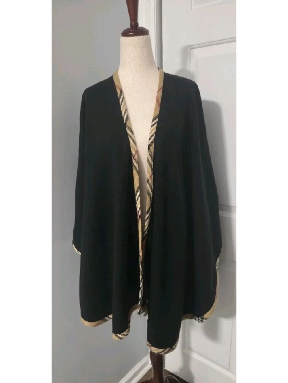 Lord And Taylor One Size Black Plaid Trim Open Front Poncho Cape Wrap